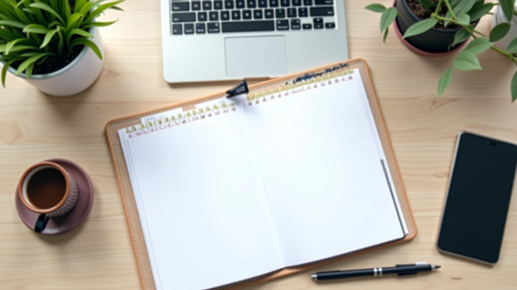 Organized desk workspace with calendar, planner, and laptop showing task management interface