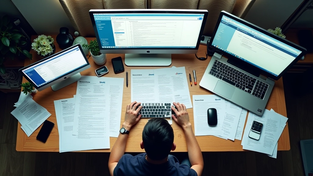 Cluttered desk with multiple open tasks and notifications, overwhelmed workspace with scattered items