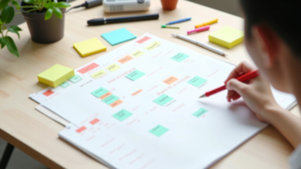 Weekly planning template on desk with colored markers and sticky notes for task organization