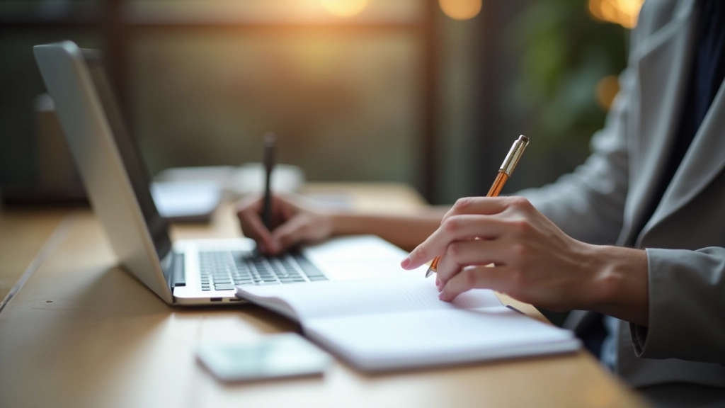 Hands writing action items on notebook next to laptop, organized task list visible