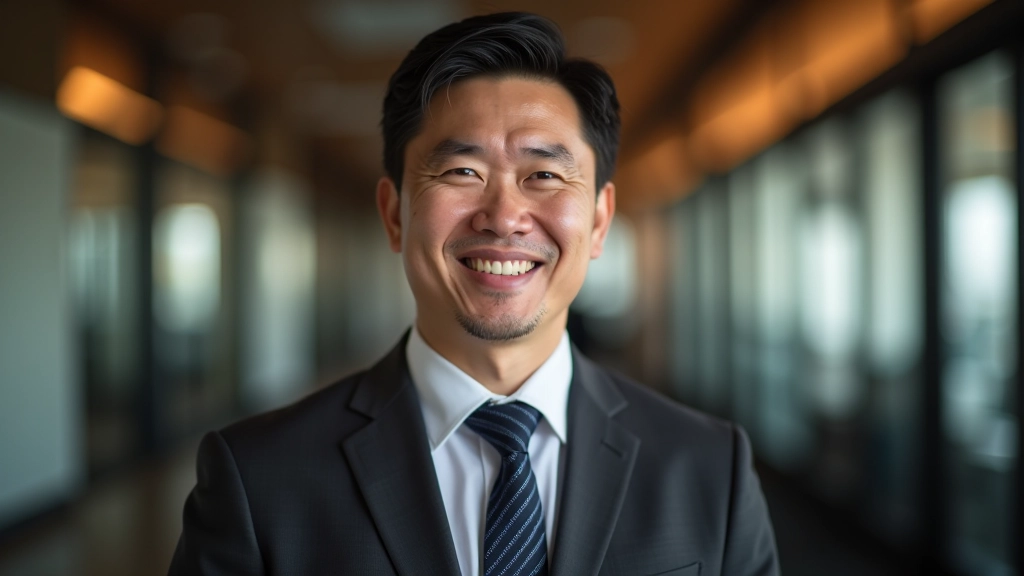 Professional man aged 40 in business attire, friendly expression, office setting