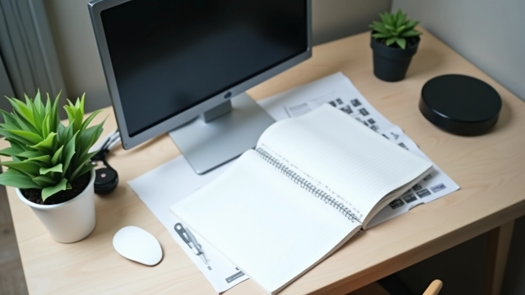 Clean organized workspace with single focused task, minimalist desk setup with organized materials and clear priorities
