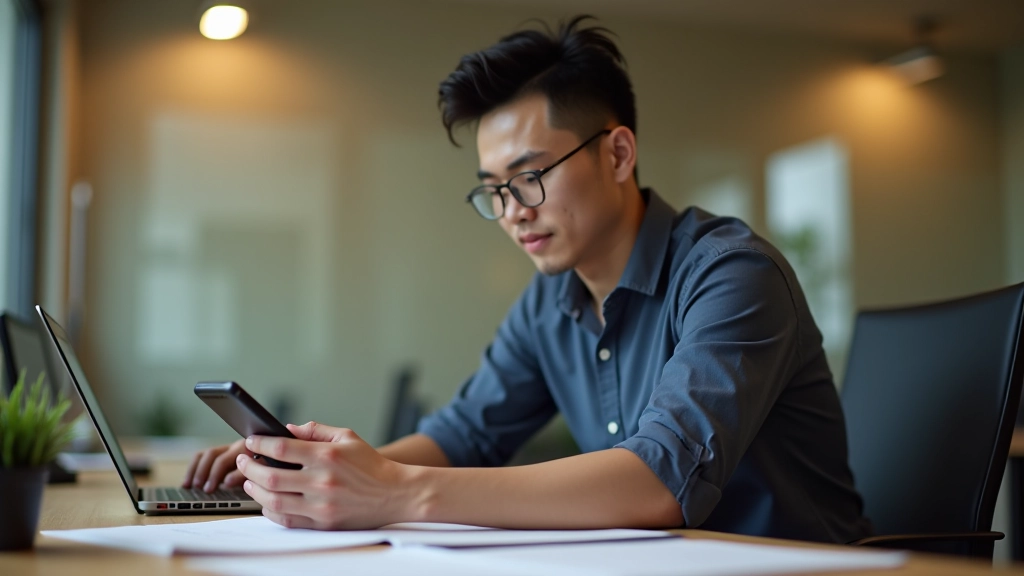 Person confidently focused at desk ignoring phone notifications, peaceful workspace with turned-off devices and focused expression