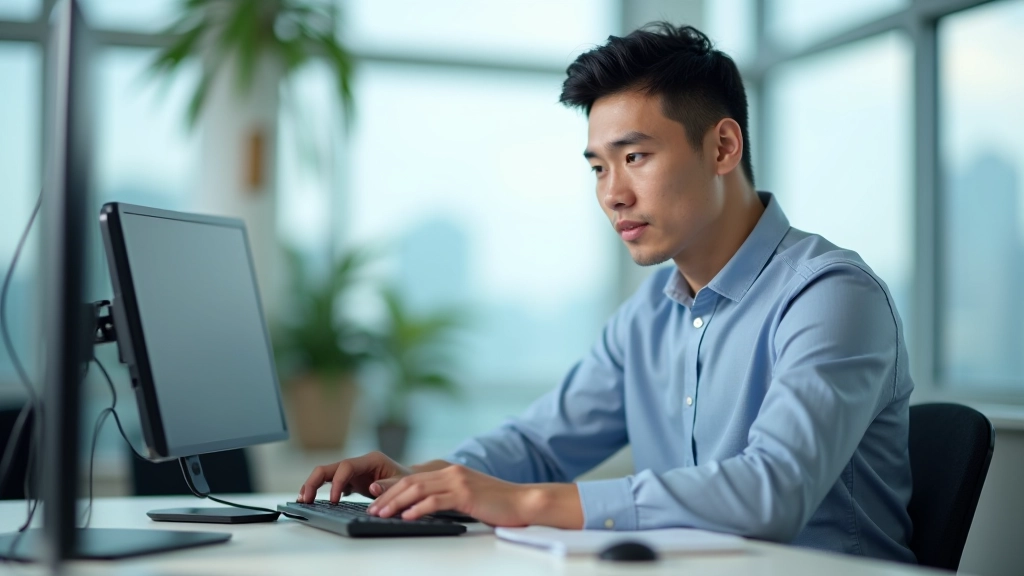 Person sitting at desk with focused posture, hands on keyboard, calm and concentrated