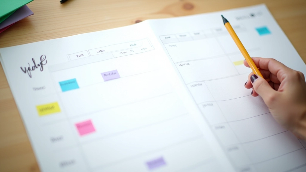 Weekly planning template with time blocks and color-coded task categories visible on paper