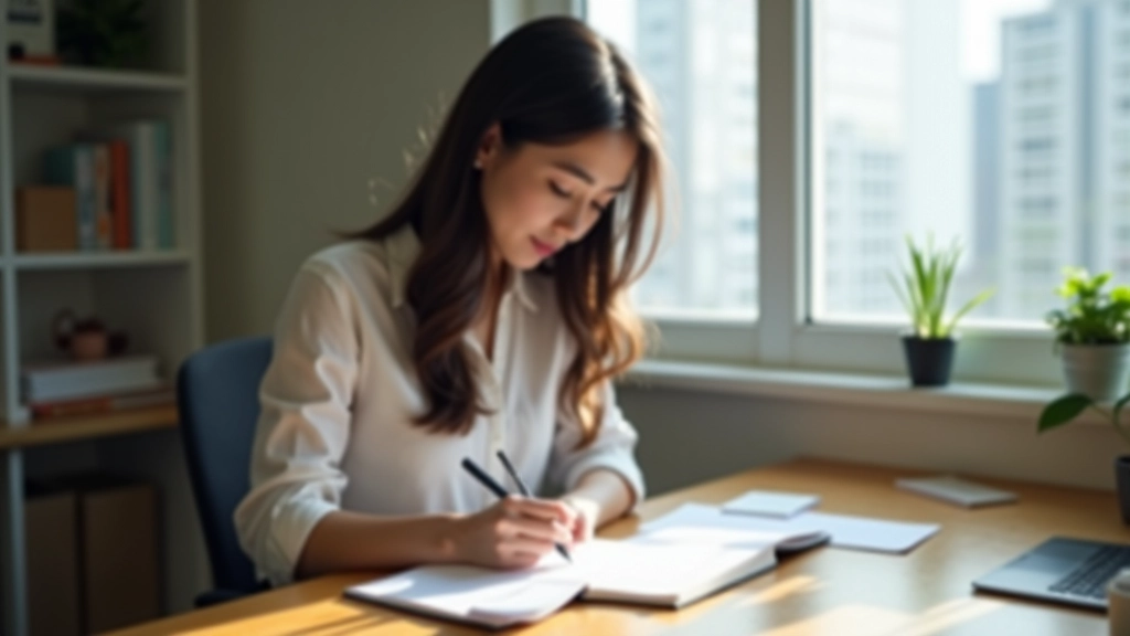 Person writing schedule in planner with focused expression