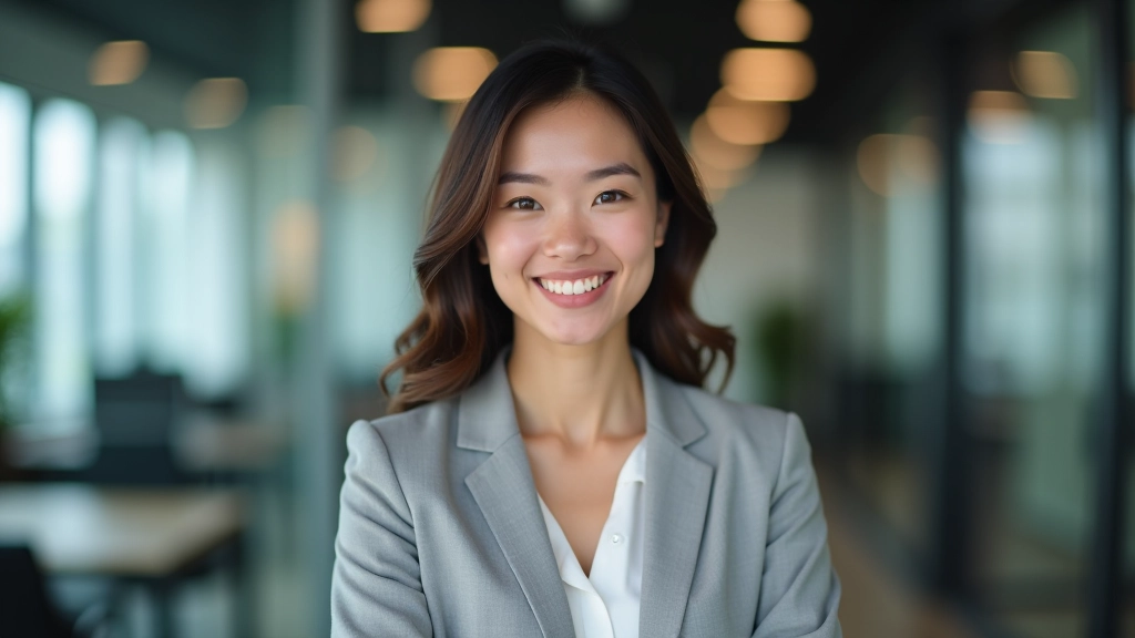 Professional woman aged 32 in business professional clothing, warm smile, modern workspace