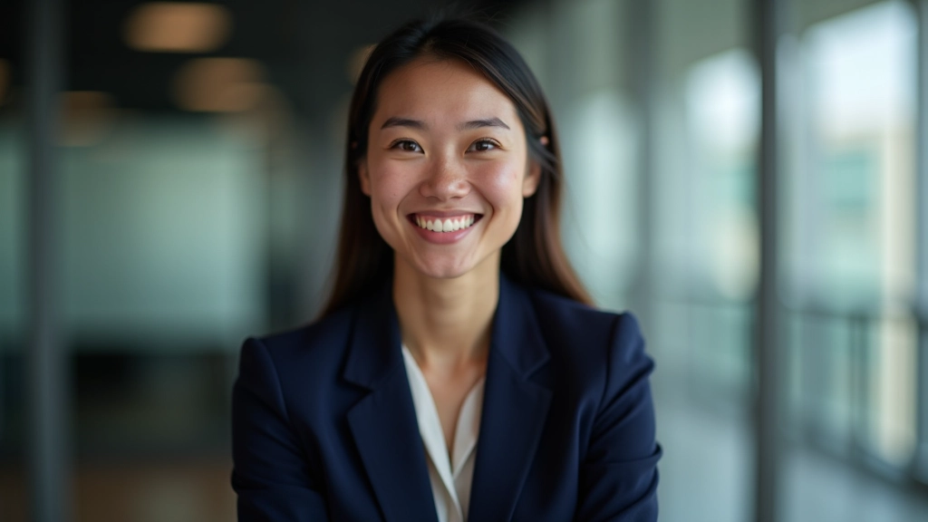 Professional woman aged 35 in business casual attire, confident expression, office background